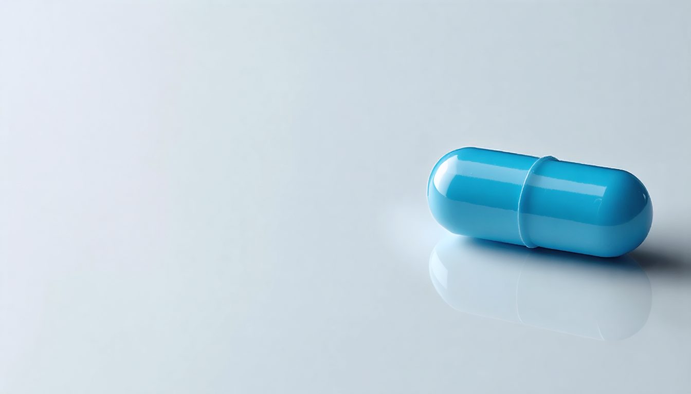 Envase de sildenafil junto a un vaso de agua y un folleto informativo médico sobre disfunción eréctil